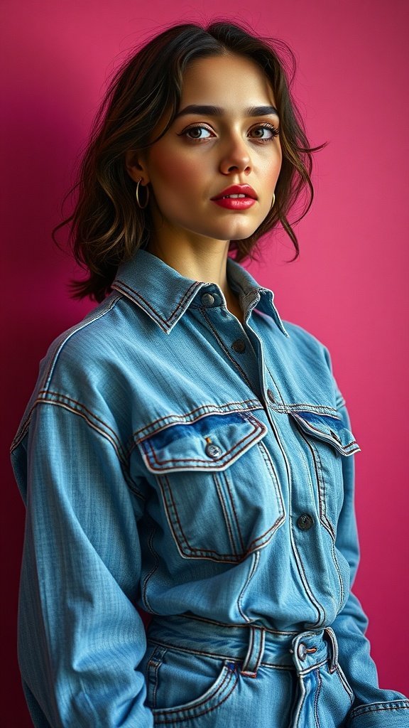Une femme portant un denim vintage sur un fond rose, affichant un look élégant.