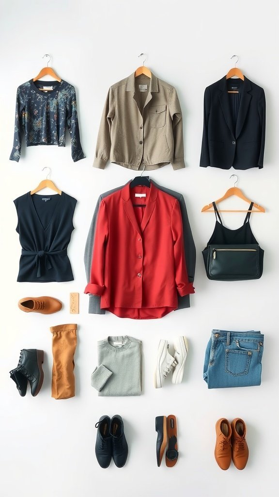 Une garde-robe capsule soigneusement agencée comprenant divers hauts, chaussures et jeans.