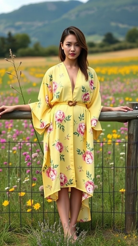 Kimono jaune bouton d'or à motif floral, porté par une femme dans un champ de fleurs