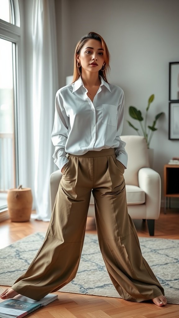 Un mannequin portant une chemise boutonnée rentrée dans un pantalon fluide, debout dans un espace de vie élégant.