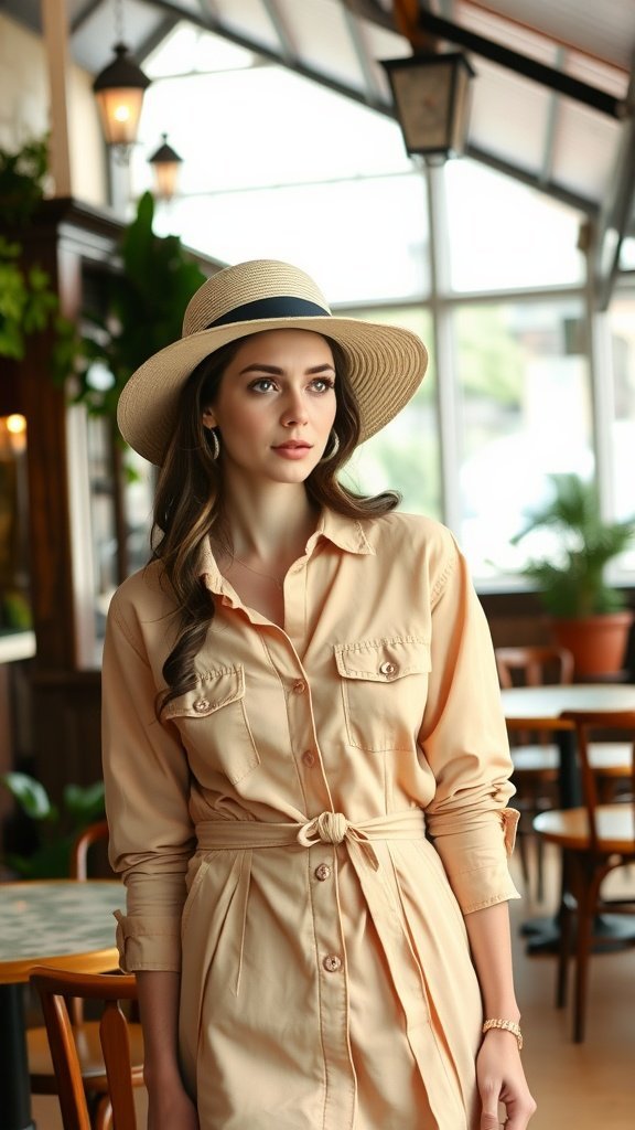 Une femme portant une robe chemise boutonnée avec un chapeau à large bord dans un cadre intérieur chaleureux.