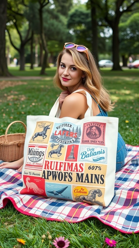 Une femme assise sur une couverture de pique-nique dans un parc, tenant un sac fourre-tout en toile imprimée vintage.