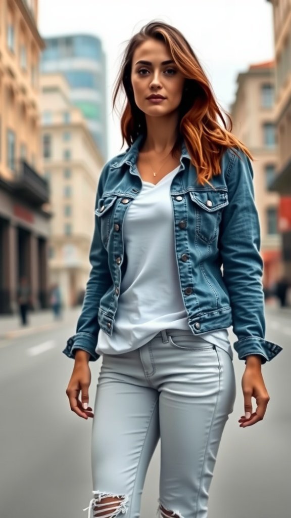 Une jeune femme élégante portant une veste en jean et un t-shirt blanc se tient avec confiance dans une rue de la ville.