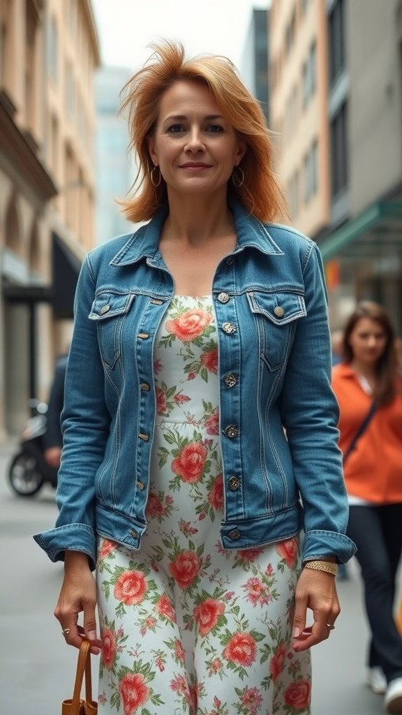 Une femme portant une veste en jean sur une robe fleurie, marchant dans une rue de la ville.
