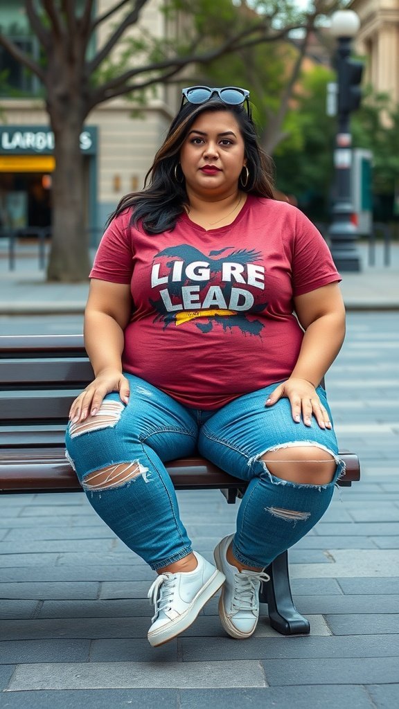 Une femme de grande taille assise sur un banc portant un t-shirt graphique décontracté avec un jean vieilli et des baskets.
