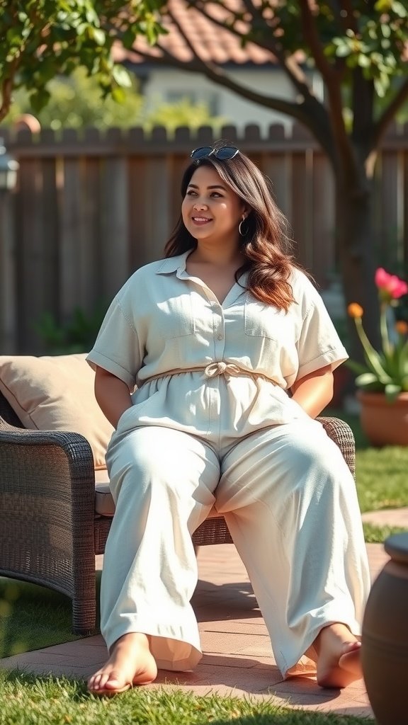 Une femme dans une combinaison décontractée en lin assise à l'extérieur, souriante, avec des lunettes de soleil sur la tête.