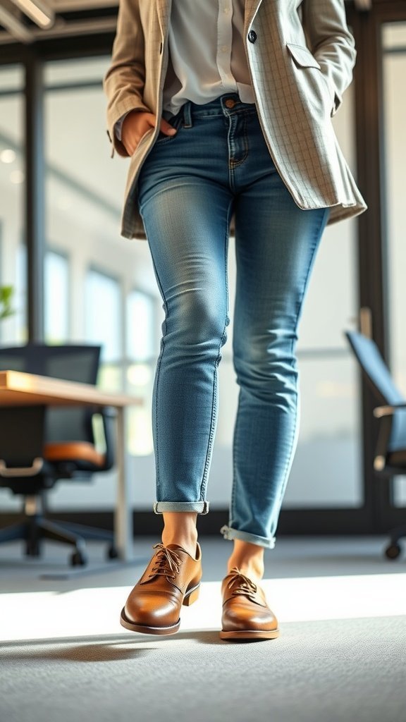 Une personne portant des chaussures Oxford décontractées, un blazer et un jean, marchant dans un espace de bureau moderne.