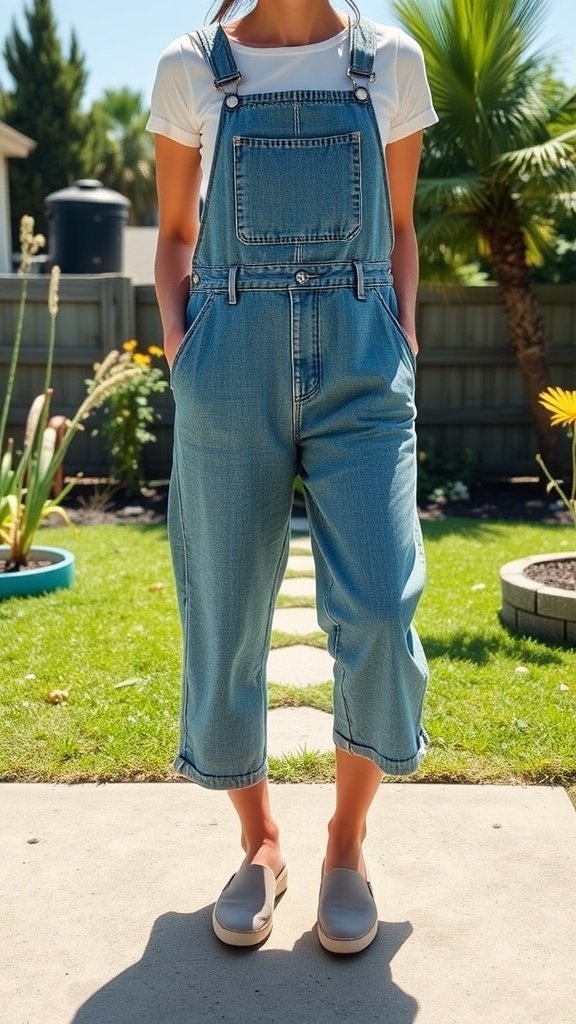 Une personne portant une salopette en jean et des chaussures décontractées à enfiler, debout dans un jardin.