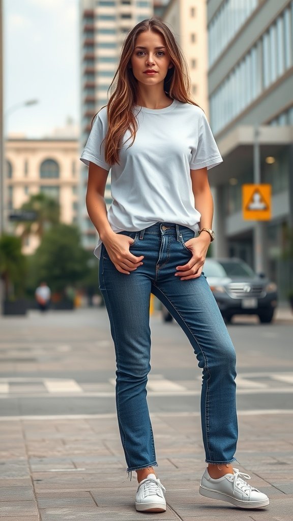 Une femme portant un t-shirt blanc décontracté et un jean taille haute debout dans une rue de la ville.