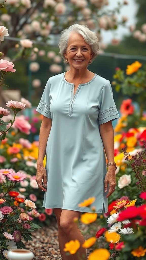 Une femme vêtue d'une robe bleu clair debout dans un jardin fleuri animé.