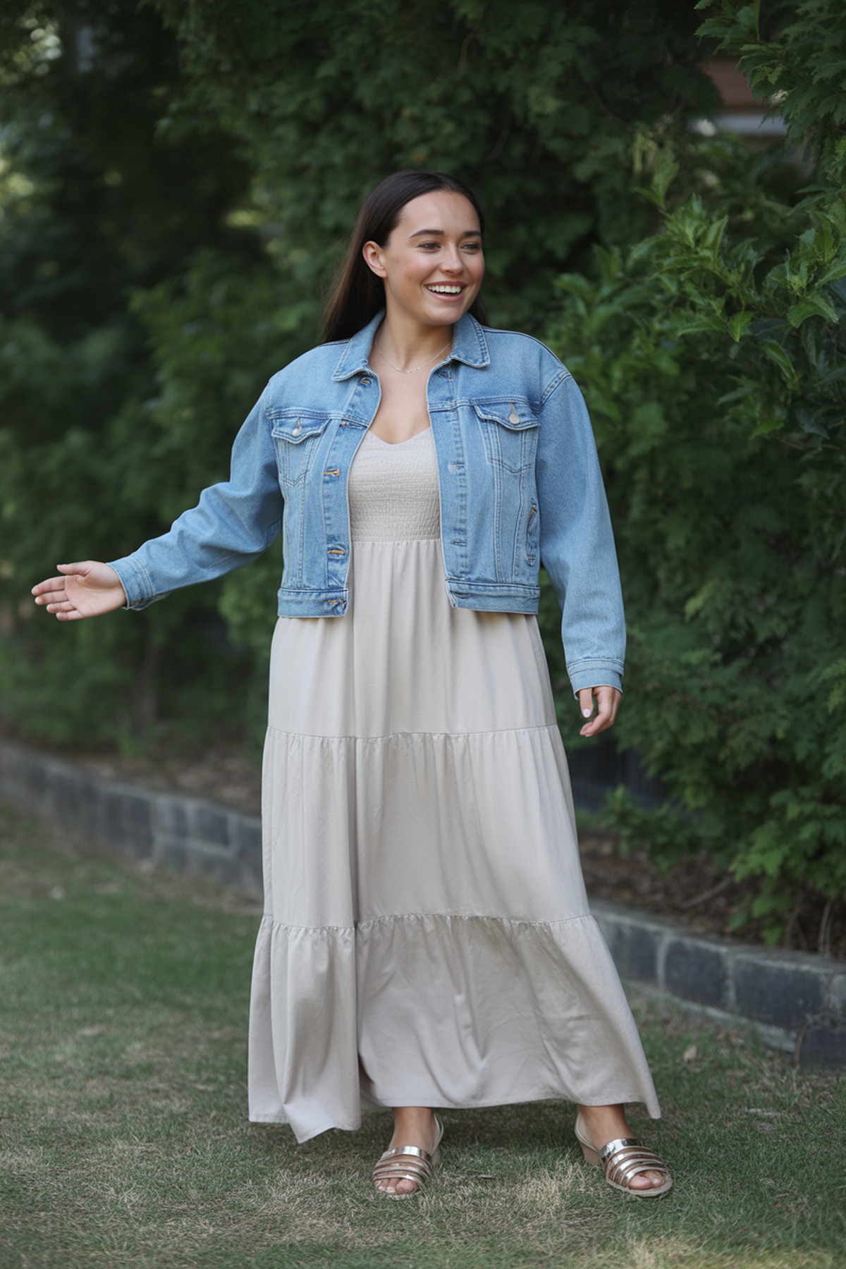 Casual Denim Jacket Over a Soft Maxi Dress
