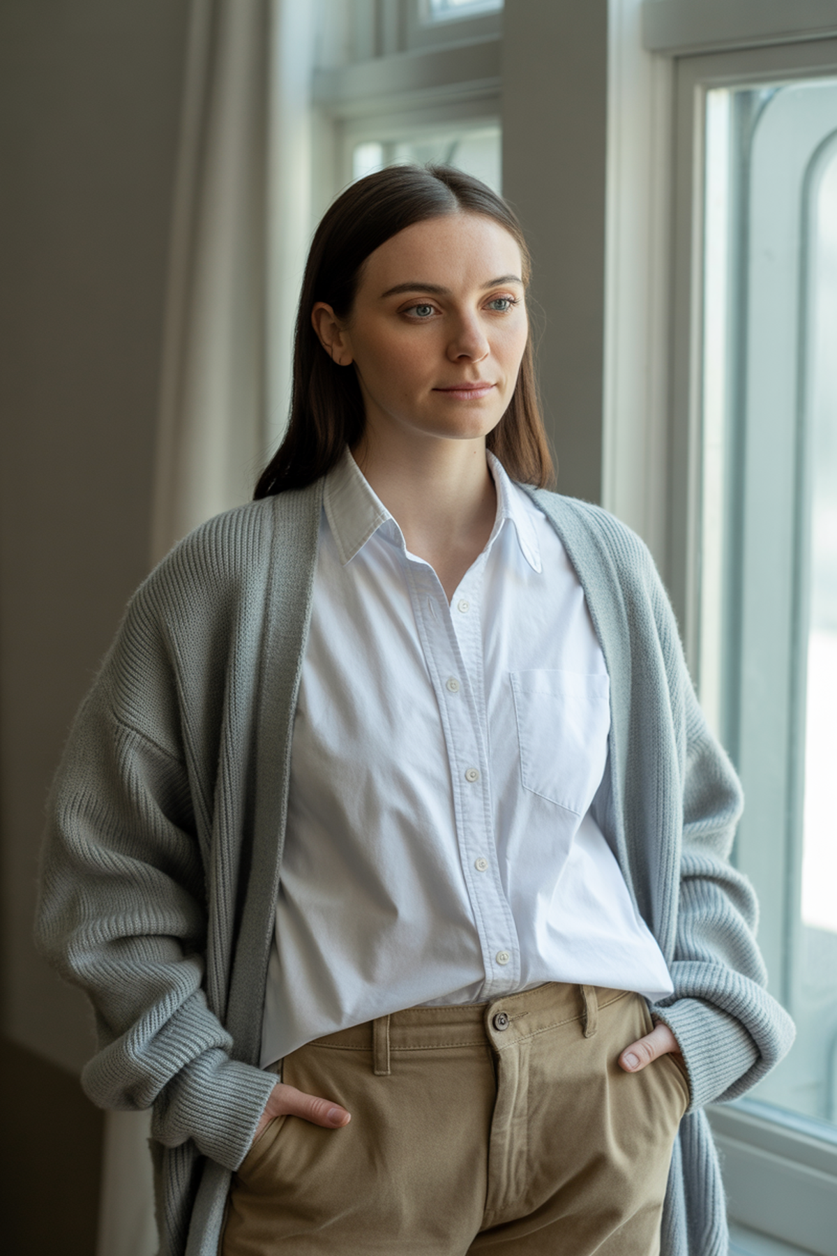 Classic White Button-Down With Cozy Cardigan