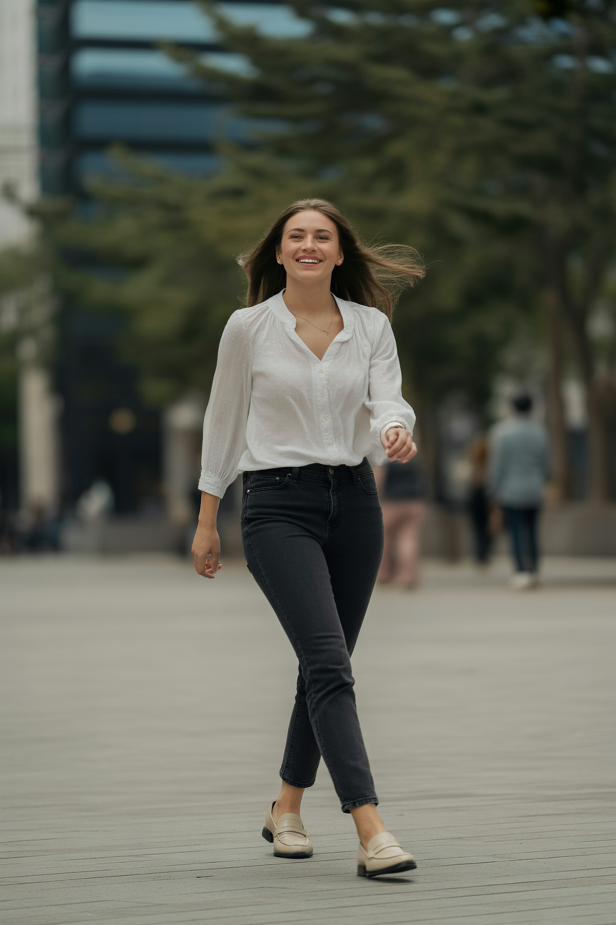 Flowy Blouse With Slim Fit Jeans And Loafers