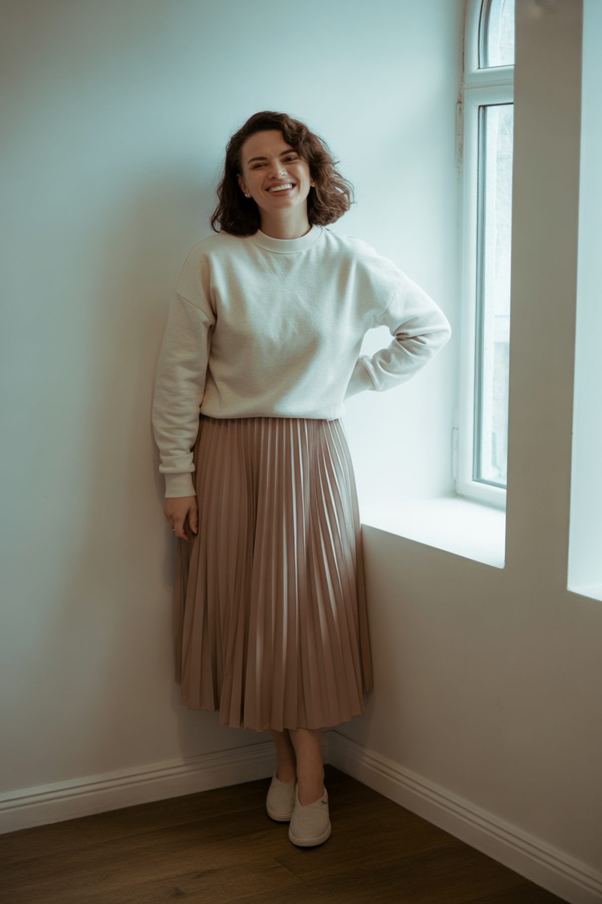 Soft Crewneck Sweater With Pleated Midi Skirt
