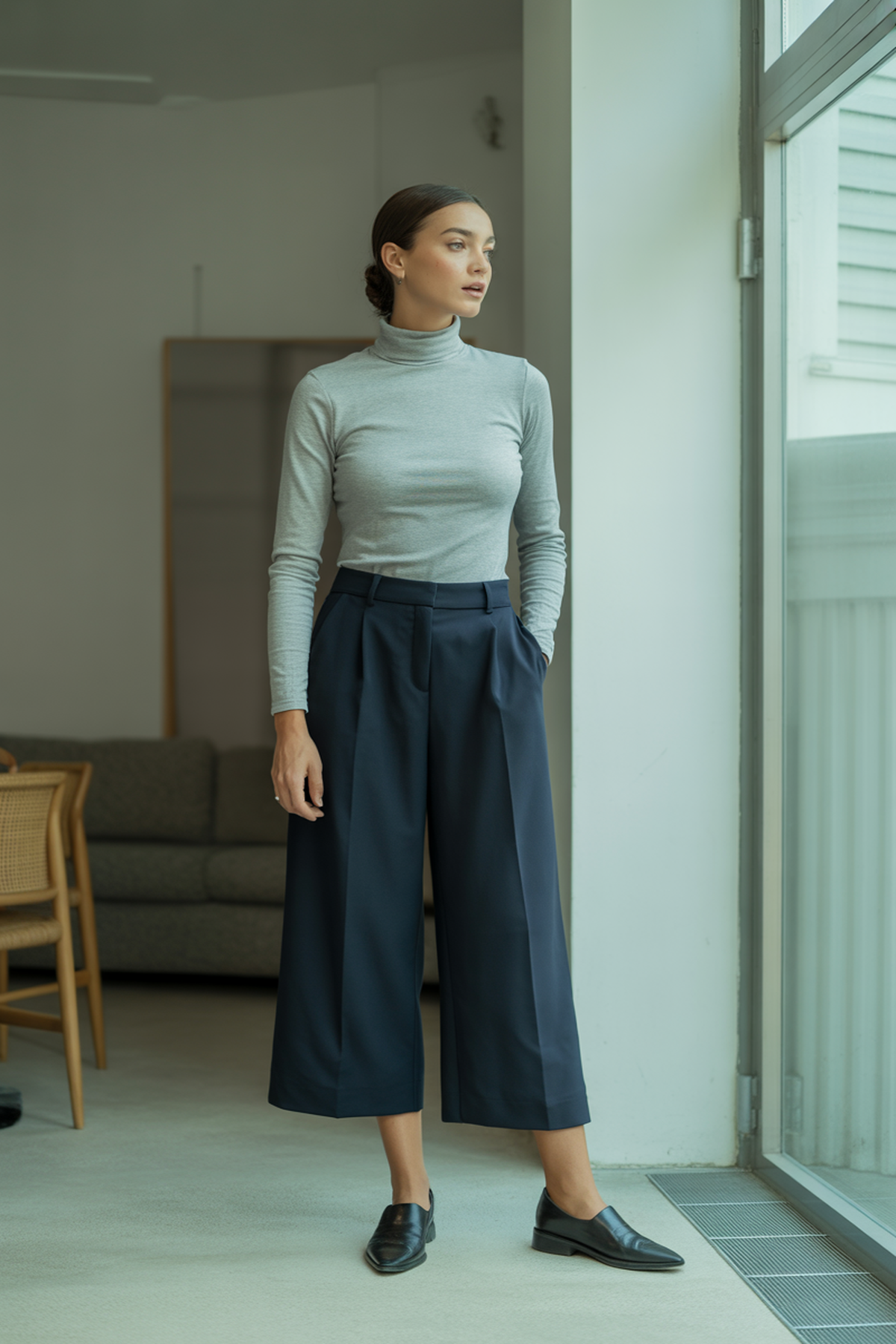 Soft Turtleneck Paired With Tailored Culottes