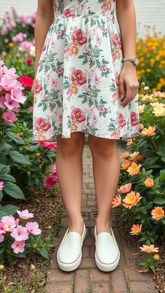 Une personne portant des chaussures à enfiler en toile chic avec une robe fleurie dans un jardin.