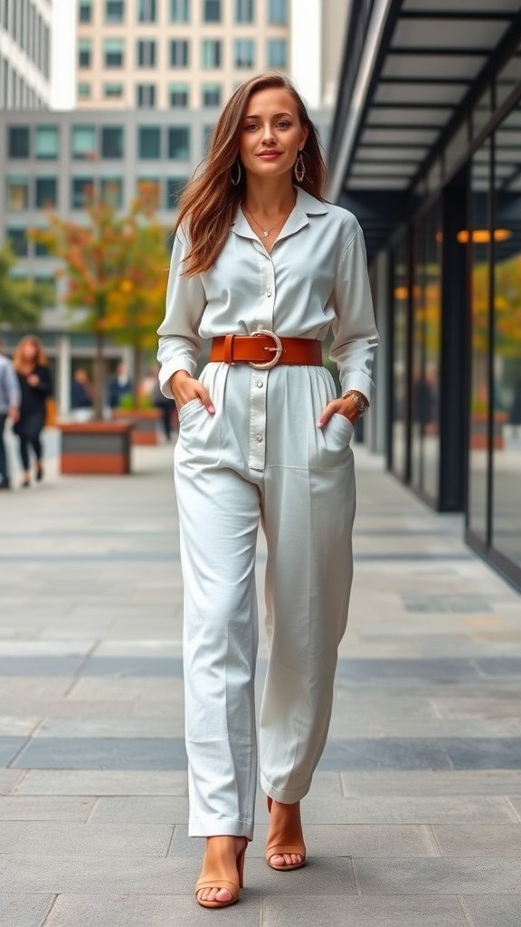 Une femme dans une combinaison en lin chic avec une ceinture tendance, marchant avec assurance à l'extérieur.