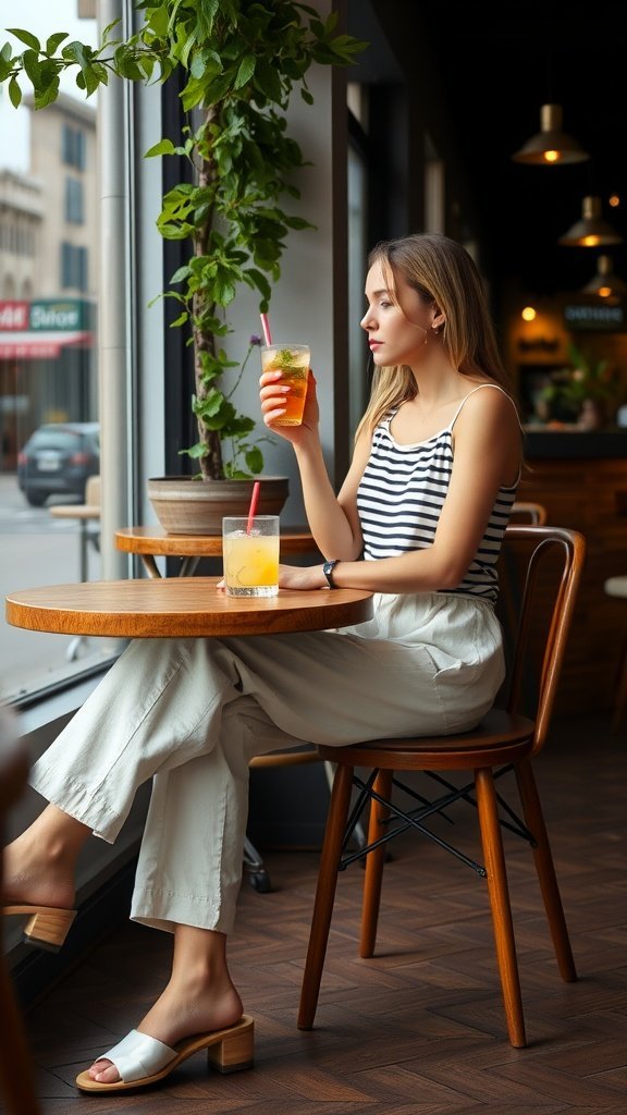 Une femme assise dans un café portant un pantalon en lin chic et un haut rayé, savourant une boisson.