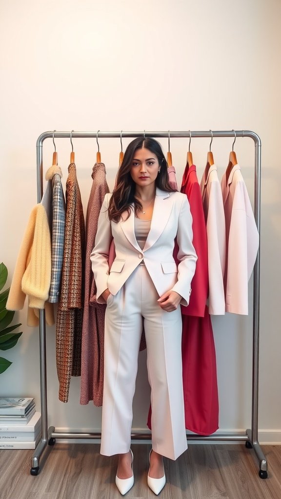 Une femme portant un blazer et un pantalon pastel chic, debout devant un portant avec diverses tenues.