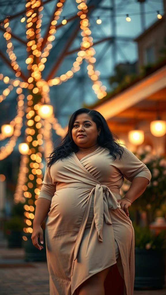 Une femme portant une robe portefeuille chic, posant à l'extérieur avec des lumières décoratives en arrière-plan.