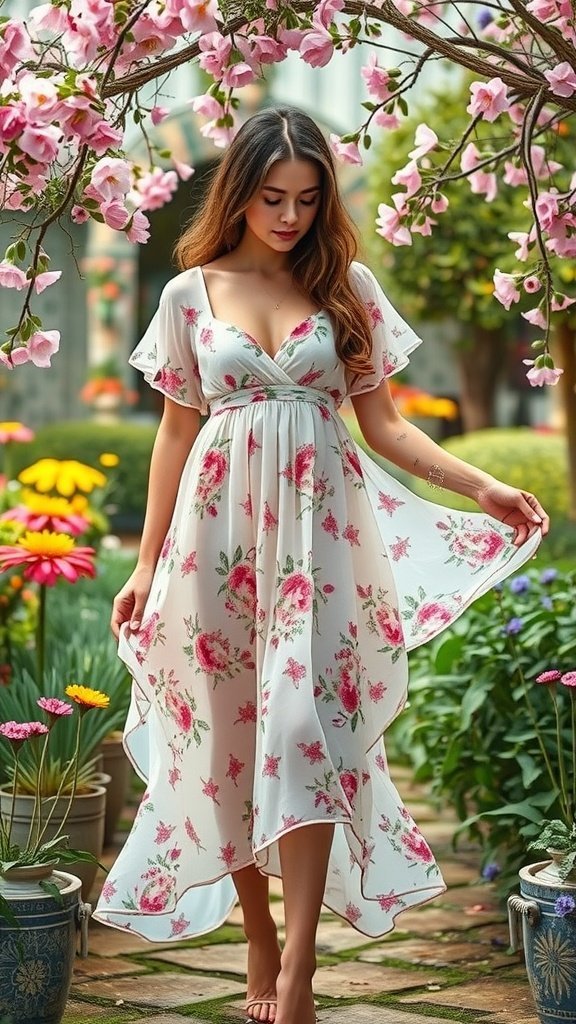 Une femme portant une robe en mousseline à imprimé floral entourée de fleurs en fleurs.