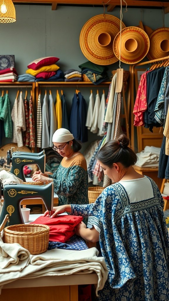 Un atelier chaleureux rempli de tissus et de vêtements variés, mettant en valeur le savoir-faire des artisans locaux.