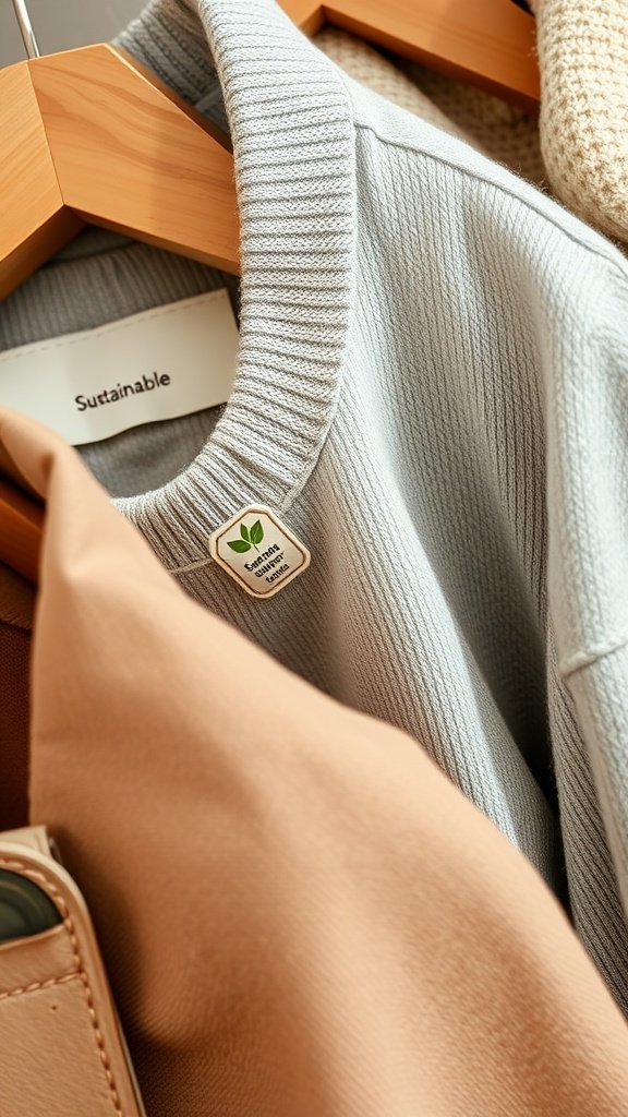 Gros plan sur des vêtements étiquetés « Durables » suspendus sur des cintres en bois.