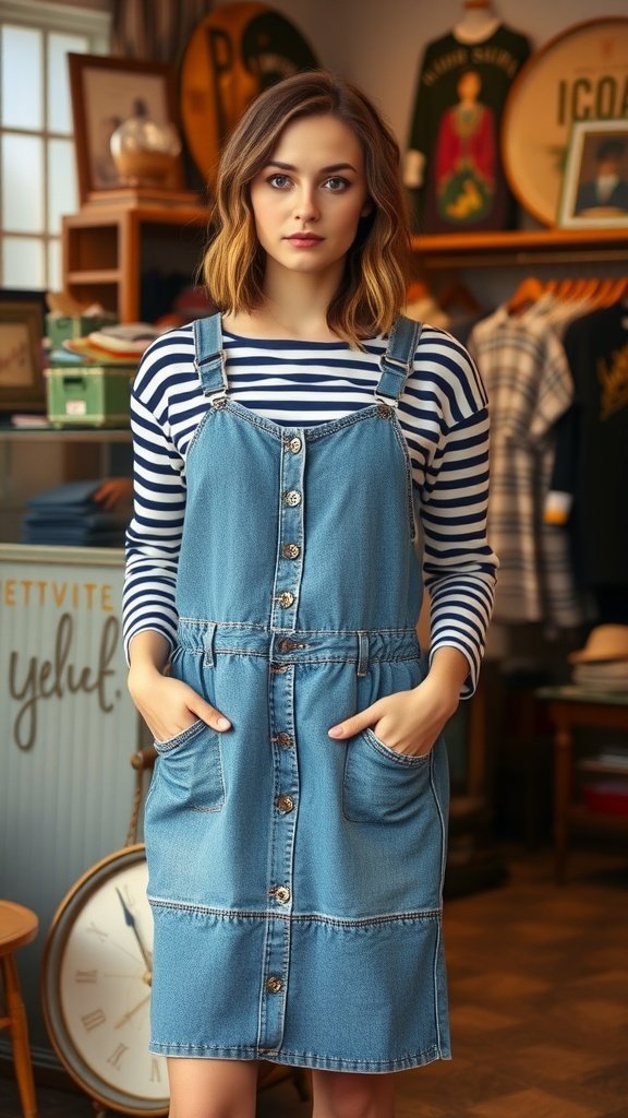 Un mannequin portant une robe pull en jean classique avec boutons et poches, associée à un haut rayé.