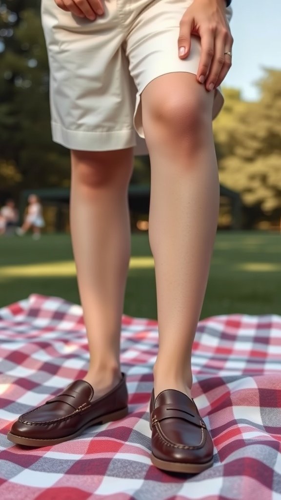 Une personne portant des mocassins marron classiques et des shorts sur mesure, assise sur une couverture de pique-nique dans un parc.