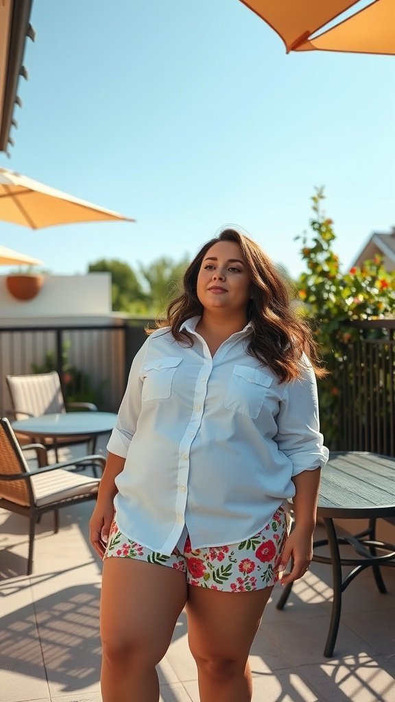 Femme portant une chemise blanche classique et un short fleuri lumineux, à l'extérieur.