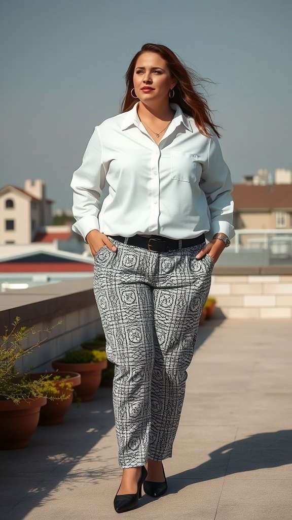 Une femme portant une chemise blanche classique et un pantalon à motifs, debout avec confiance à l'extérieur.