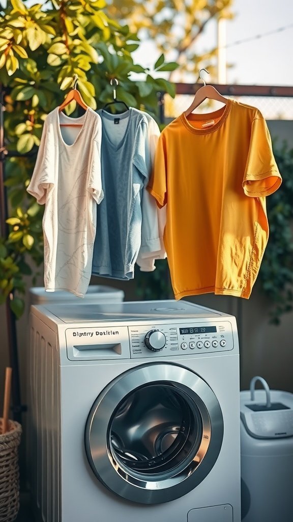 Une machine à laver avec un dessus orange vif suspendu à proximité, représentant des pratiques de lessive durables.