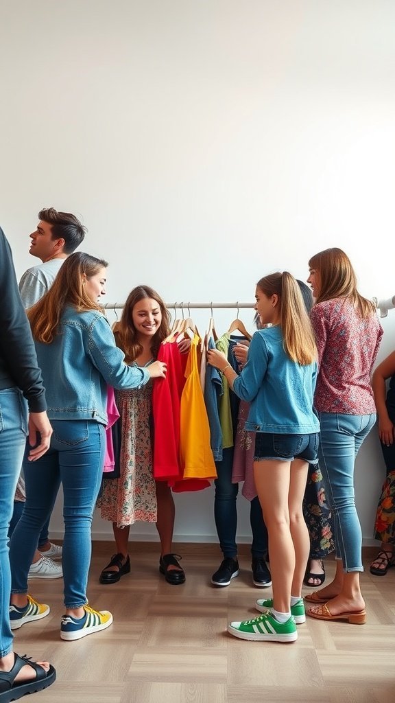 Un groupe d'amis se livrent joyeusement à un échange de vêtements, en parcourant des vêtements colorés sur un portant.