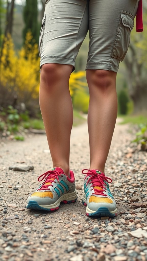 Une personne portant des chaussures de randonnée colorées avec un short cargo sur un chemin de gravier entouré de verdure.