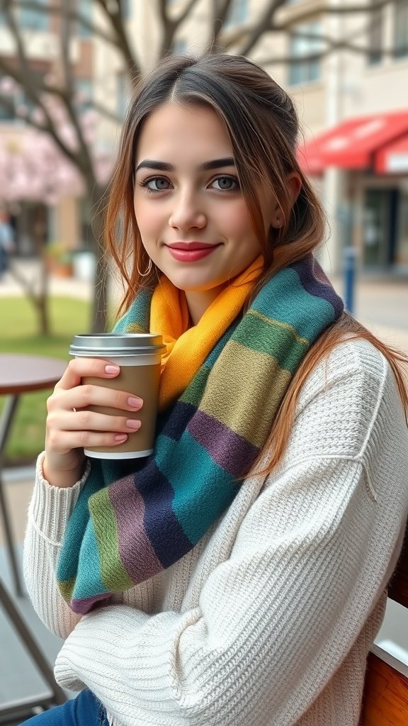 Adolescente tenant une tasse de café portant une écharpe colorée et un pull léger.