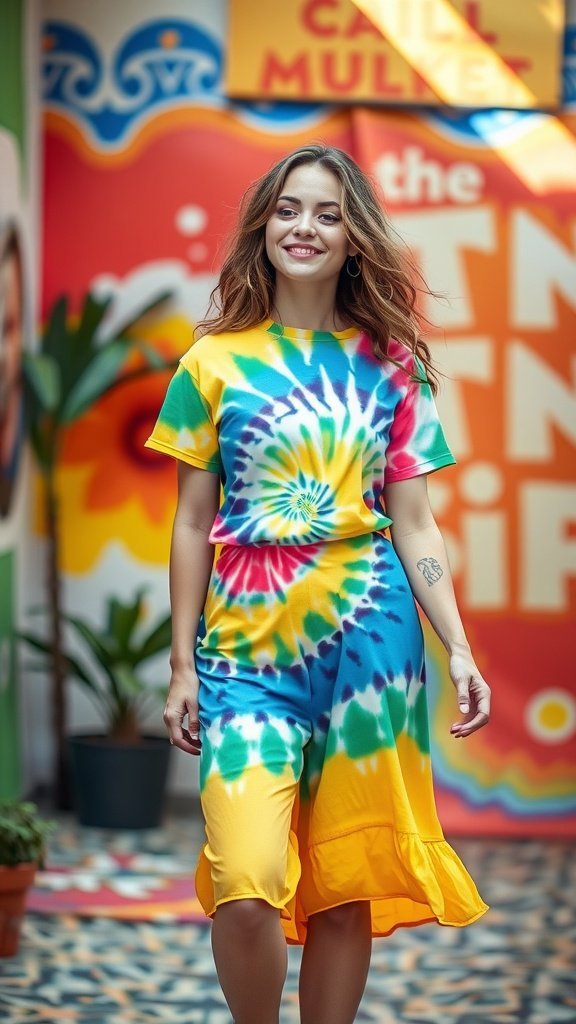 Une femme dans une tenue tie-dye colorée marchant dans un décor animé.