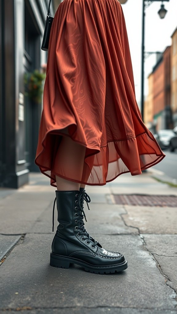 Gros plan de bottes de combat associées à une jupe longue fluide dans une rue de la ville