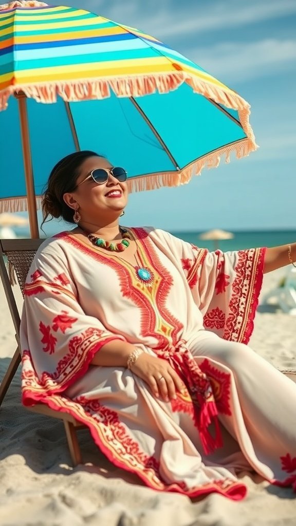 Une femme dans un caftan à motifs se détendant sur la plage sous un parasol coloré.
