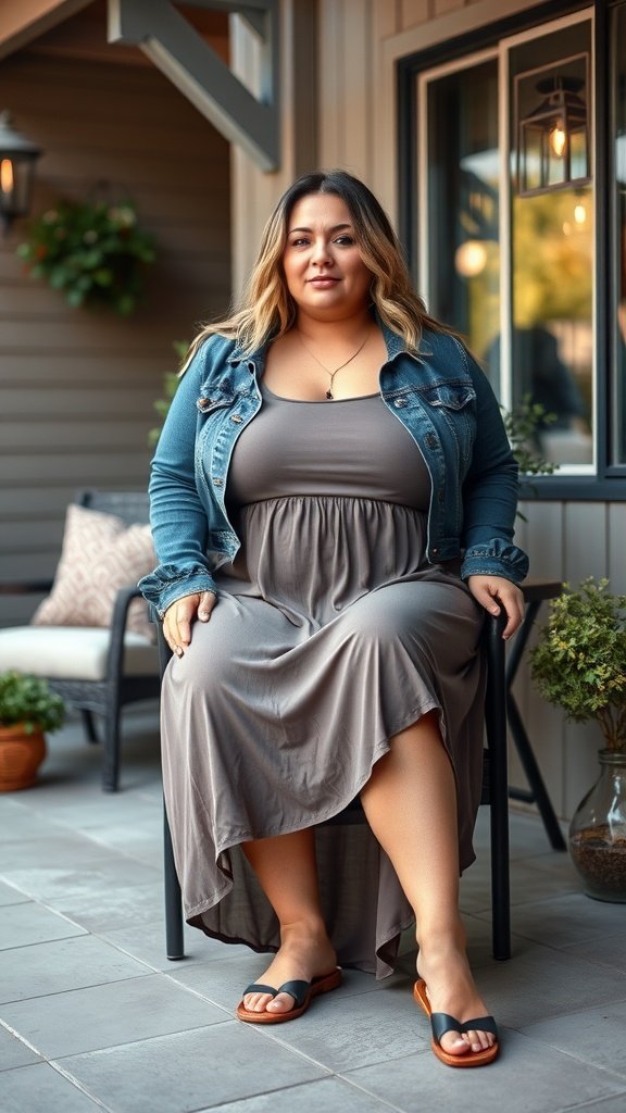 Une femme assise sur une chaise, vêtue d'une robe grise et d'une veste en jean, souriant avec confiance.