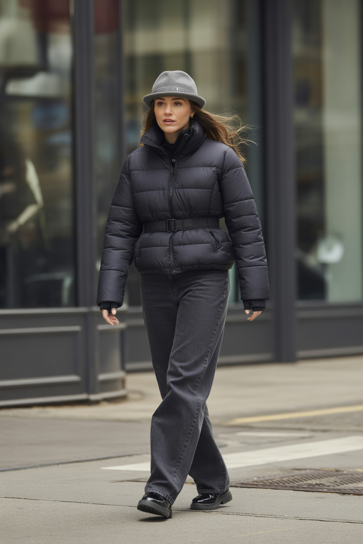 Jaqueta Puffer Com Cinto, Chapéu De Lã E Bolsa Transversal