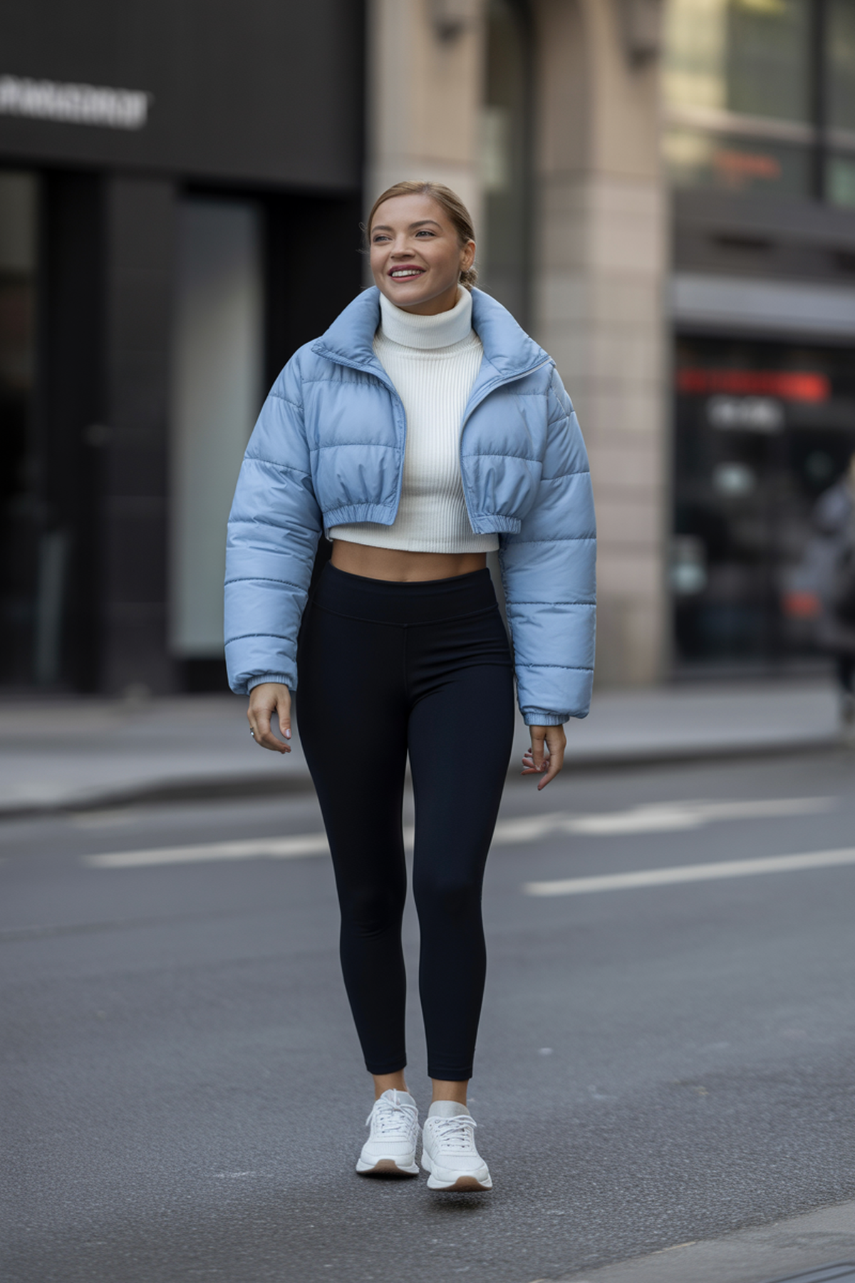 Jaqueta Puffer Cropped Com Suéter Gola Alta E Tênis