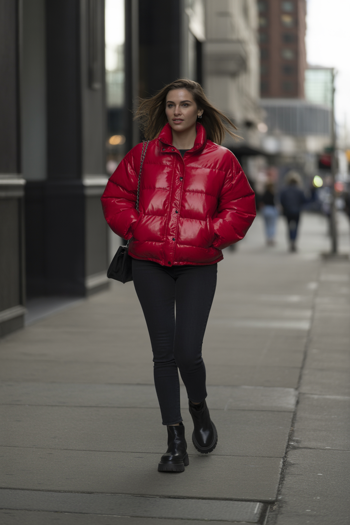 Jaqueta Puffer Com Jeans Skinny E Botas Chunky