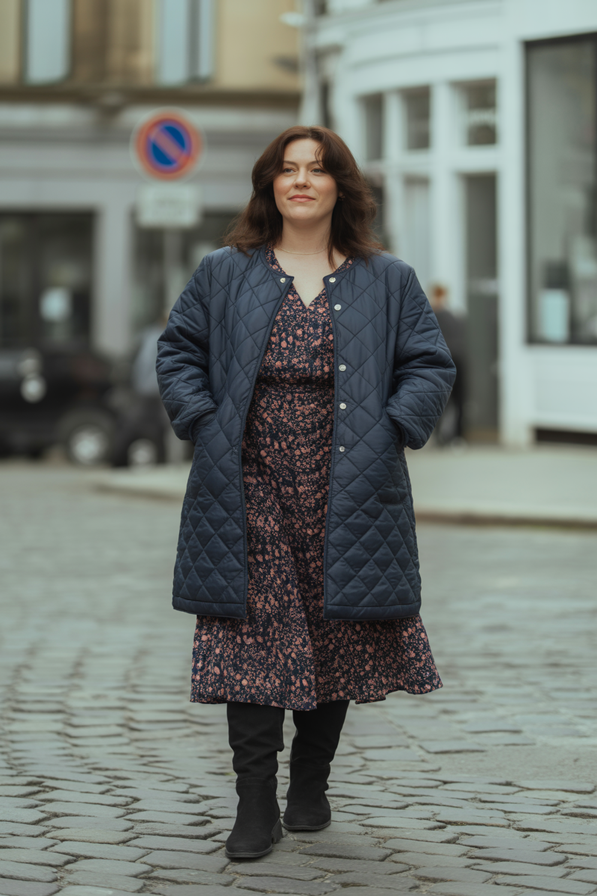 Casaco Matelassê Com Vestido Midi E Botas Até O Joelho