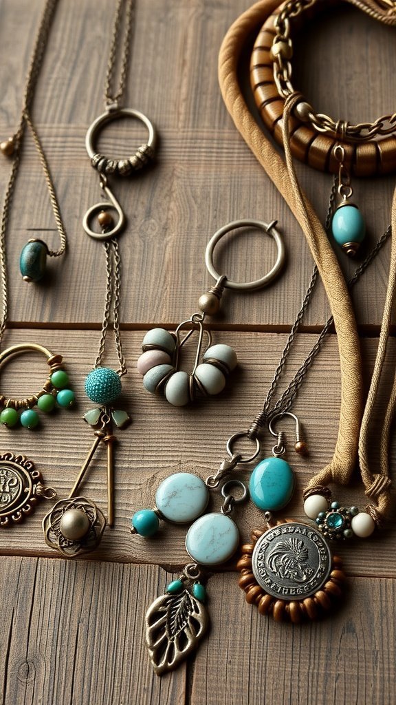 Une collection de bijoux vintage comprenant des colliers et des boucles d'oreilles, présentant différentes couleurs et motifs.