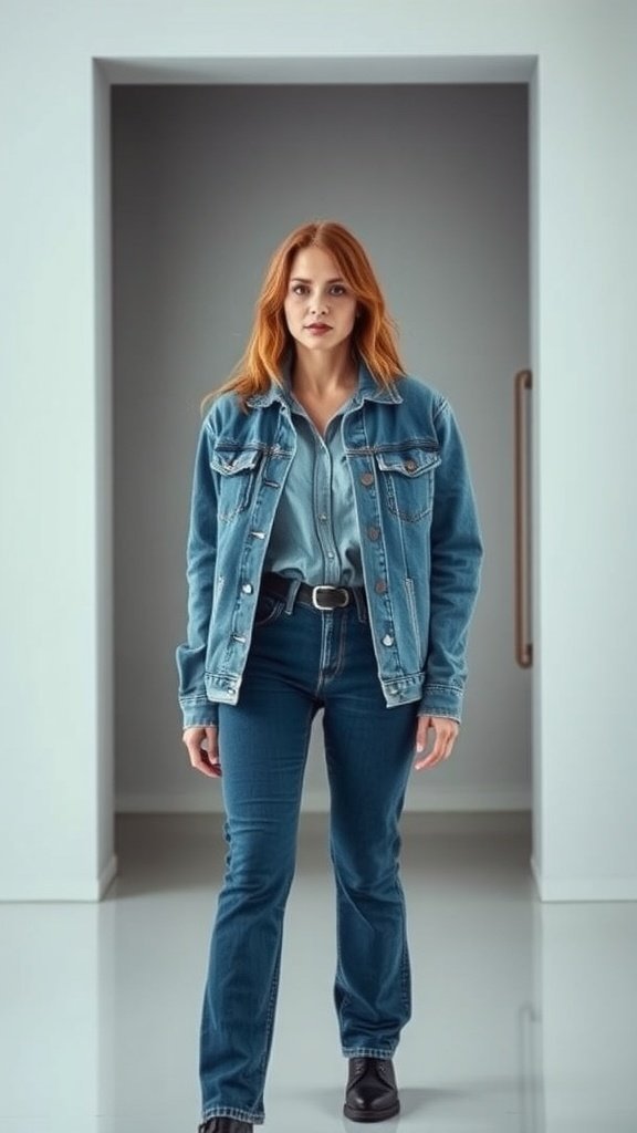Femme portant une tenue en denim vintage monochrome comprenant une veste et un jean.