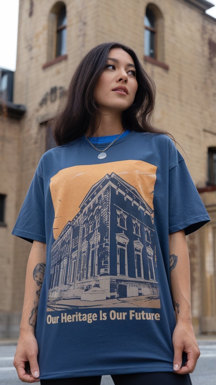 Une personne portant un t-shirt graphique bleu avec un motif de bâtiment et le texte « Notre héritage est notre avenir ».