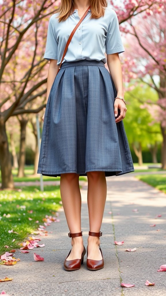 Femme portant de jolies chaussures plates à bride à la cheville et une jupe fluide trapèze dans un parc