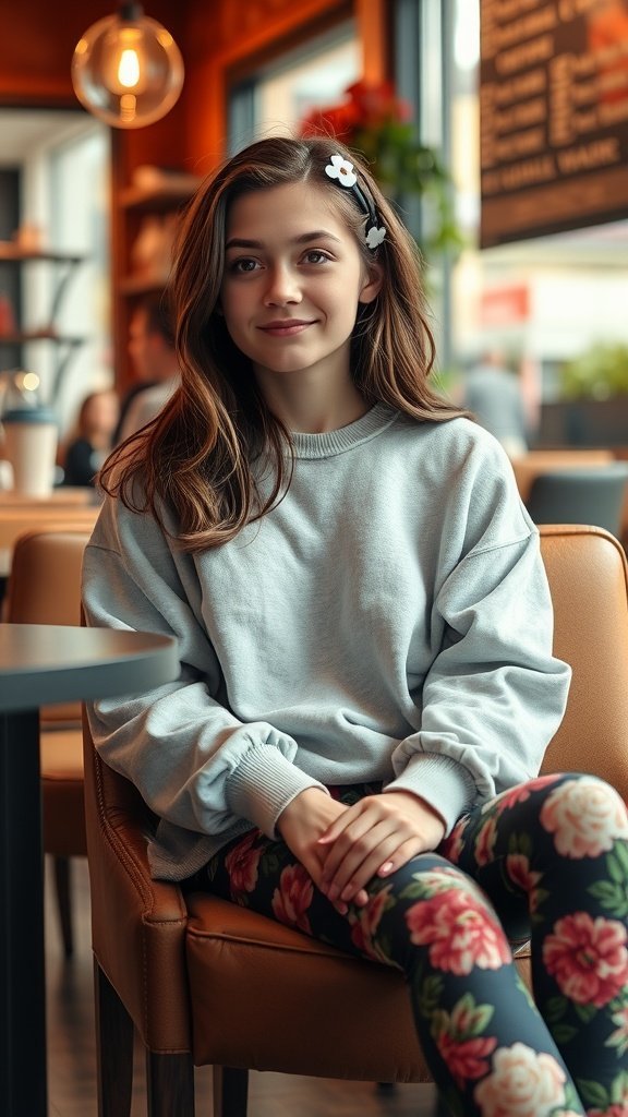 Une adolescente portant un sweat-shirt gris clair et des leggings fleuris, assise dans un café confortable.