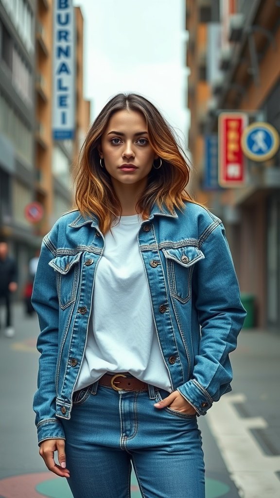 Une personne portant une veste en jean sur un t-shirt blanc, debout tranquillement dans une rue de la ville.