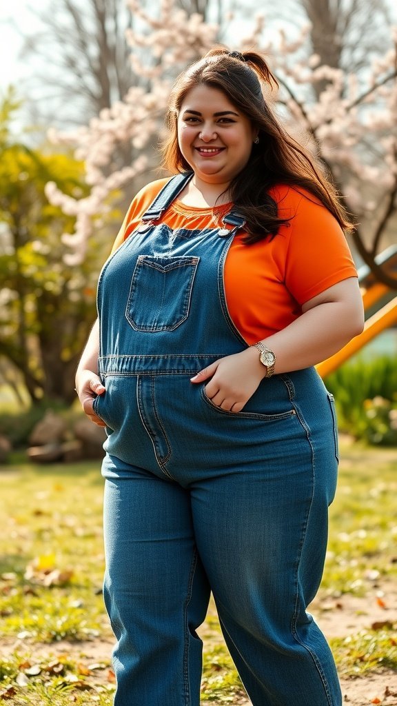 Une femme grande taille portant une salopette en jean et un haut orange vif, souriant à l'extérieur.